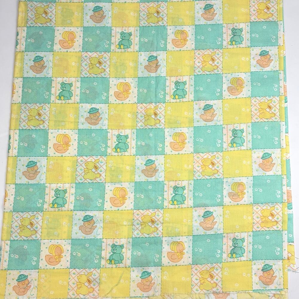 VTG Novelty Fabric Yellow Animals Duck Bear Bunny Nursery Teal Yellow 1.44 Yards